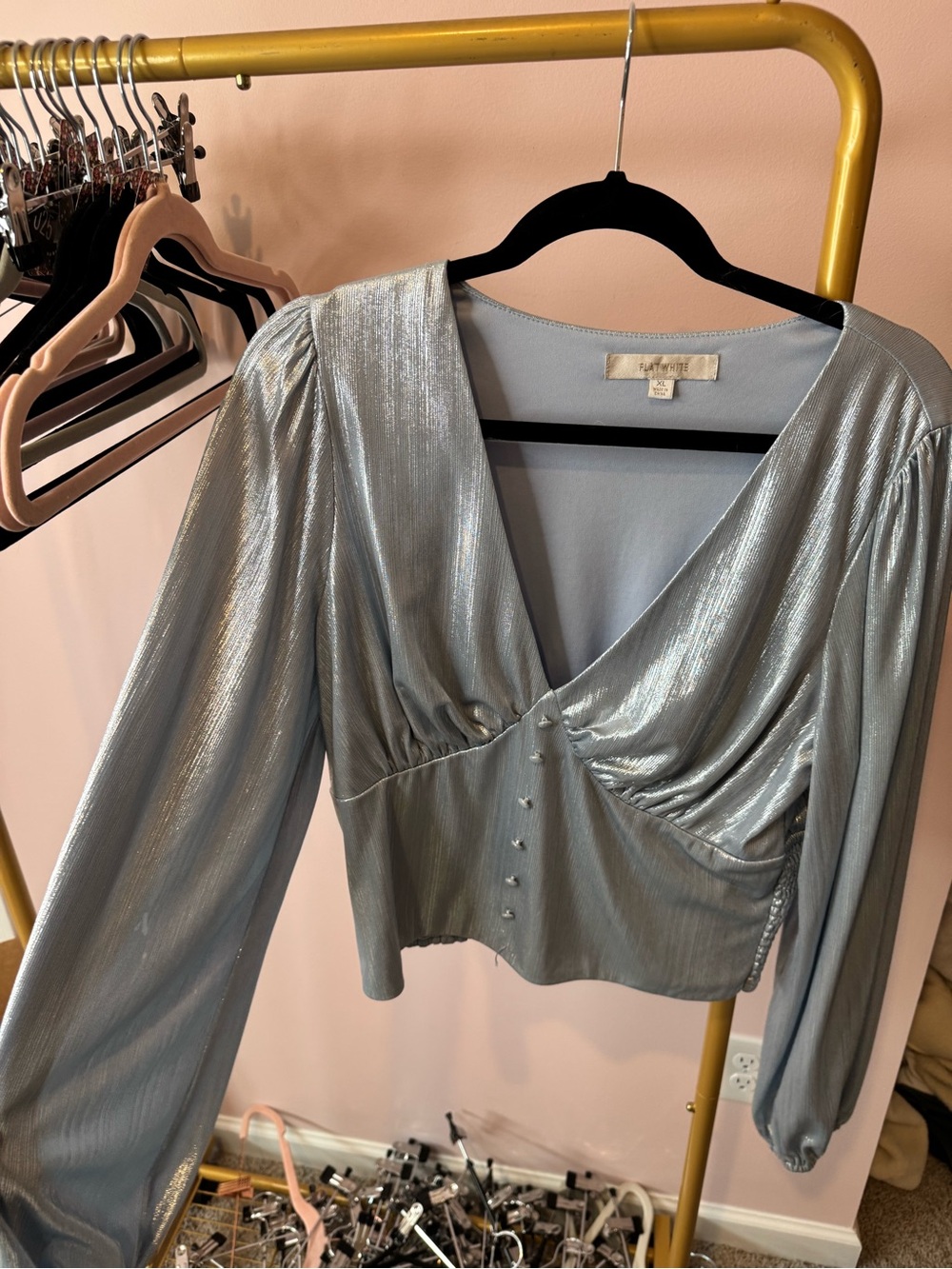 Anthropologie Metallic Blue V-Neck Long Sleeve Crop Top
